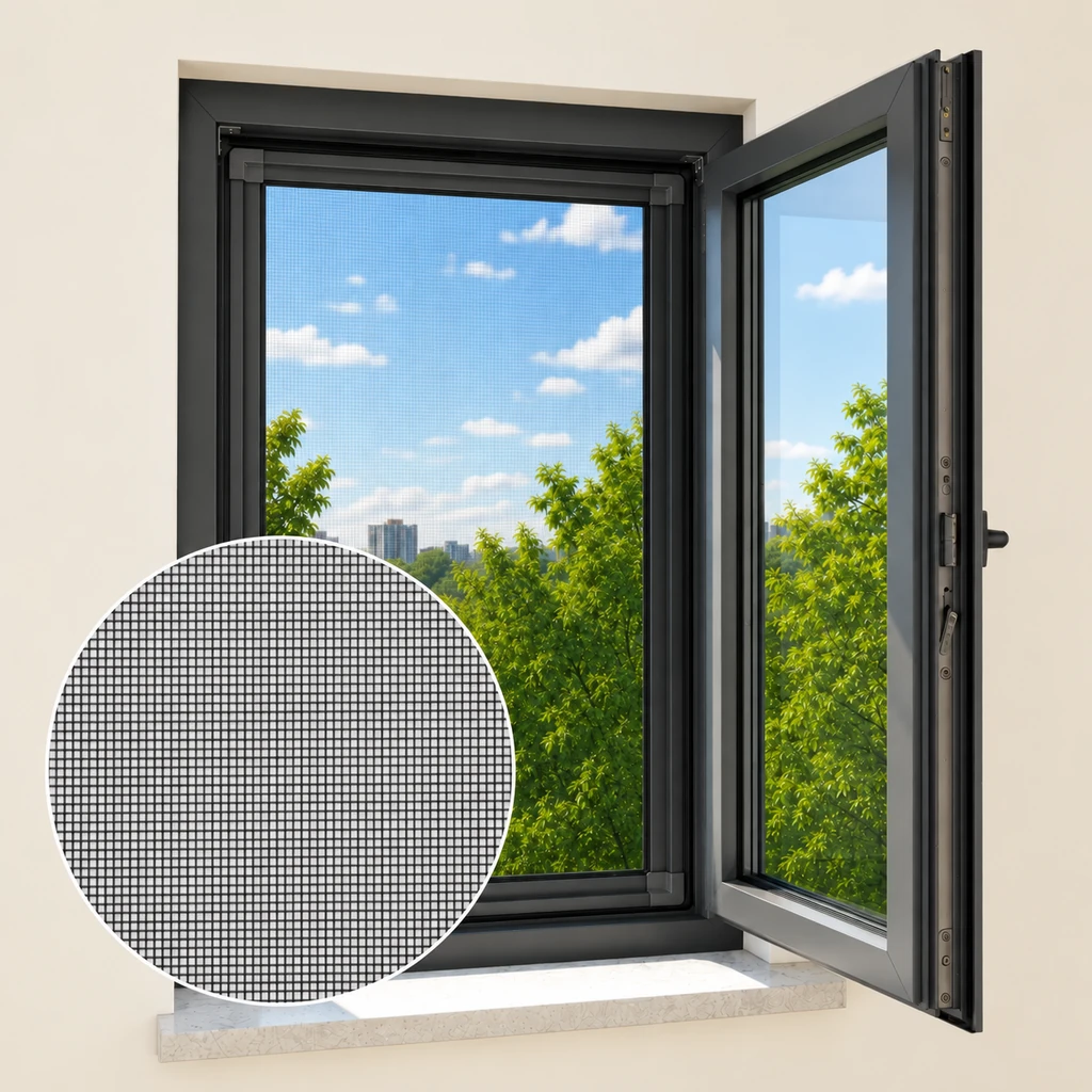 Ecofiber Air — вид конструкции в проёме и увеличенное плетение полотна