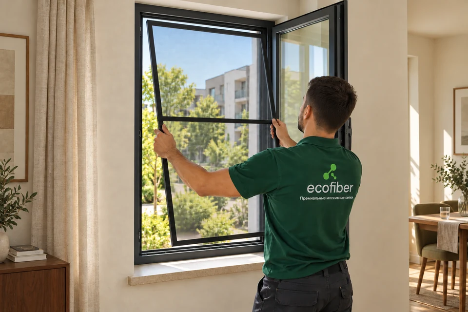 Иллюстрация установки оконной сетки Ecofiber